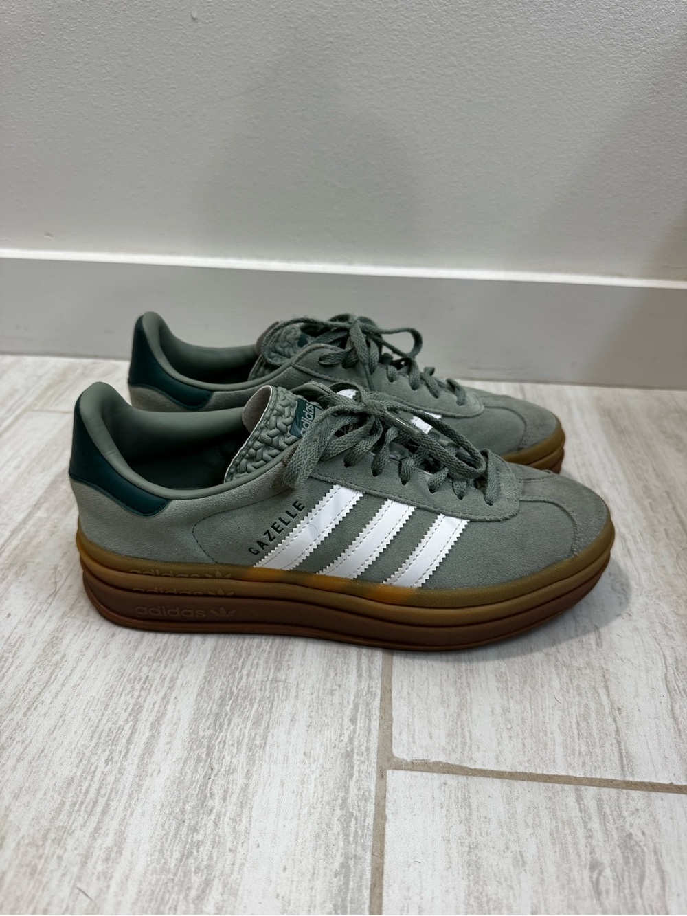 adidas Gazelle Women’s Sage Green Suede Sneakers with White Stripes and Gum Sole